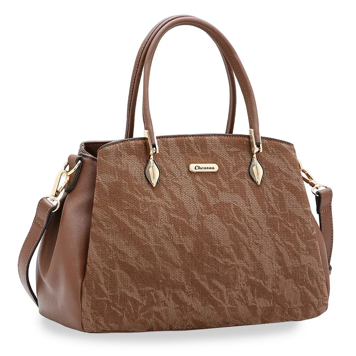 Bolsa Chenson Clássico Chic marrom vista lateral com alças duplas e ferragens douradas